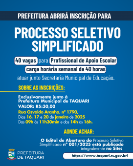 Prefeitura abrirá inscrição para Processo Seletivo Simplificado